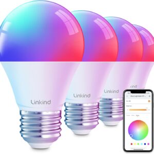 Linkind Smart LED Light Bulbs, Color-Changing RGBTW A19 E26 Bulbs, Compatible with Alexa, Google Home & AiDot, 2.4GHz WiFi + Bluetooth, 104 Preset Scenes, Music Sync, DIY Lighting, 60W Equivalent, 800 Lumens, 4-Pack