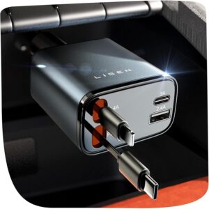 LISEN Retractable Car Charger, 84W 4-in-1 USB C Fast Charging Adapter, Multi-Port Cigarette Lighter Charger, Car Accessories & Gift for Men,LISEN Retractable Car Charger, 84W 4-in-1 USB C Fast Charging Adapter, Multi-Port Cigarette Lighter Charger, Car Accessories & Gift for Men, Women, Dad, Mom & Husband, Compatible with iPhone 17, 16, 15, 14, 13, 12 & X Women, Dad, Mom & Husband, Compatible with iPhone 17, 16, 15, 14, 13, 12 & X