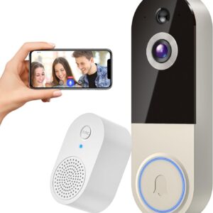 1080P Wireless Video Doorbell with Indoor Receiver, AI-Powered Human Detection, Two-Way Voice Communication, Night Vision, Real-Time Notifications, Rechargeable Battery, 2.4GHz WiFi & Optional Cloud Storage
