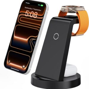 Anlmz 3-in-1 Wireless Charging Station for iPhone, Apple Watch & AirPods, Compatible with iPhone 17, 16e, 16, 15, 14, 13, 12, 11 & X Series, Pro & Pro Max, Foldable Wireless Charger Stand for AirPods 4, 3 & Pro