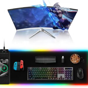 Large RGB Gaming Mouse Pad with Wireless Charging, 31.5" x 11.81" Extended Desk Mat, LED Light-Up Keyboard & Mouse Pad, Ultra-Smooth Surface, Non-Slip Rubber Base, Waterproof Desk Pad