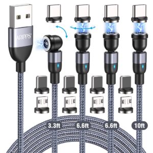 4-Pack Magnetic Charging Cables (3.3ft/6.6ft/6.6ft/10ft), 540° Rotating Magnetic Phone Charger, 3-in-1 Nylon Braided USB Charging Cable for Micro USB, USB-C & Lightning Devices